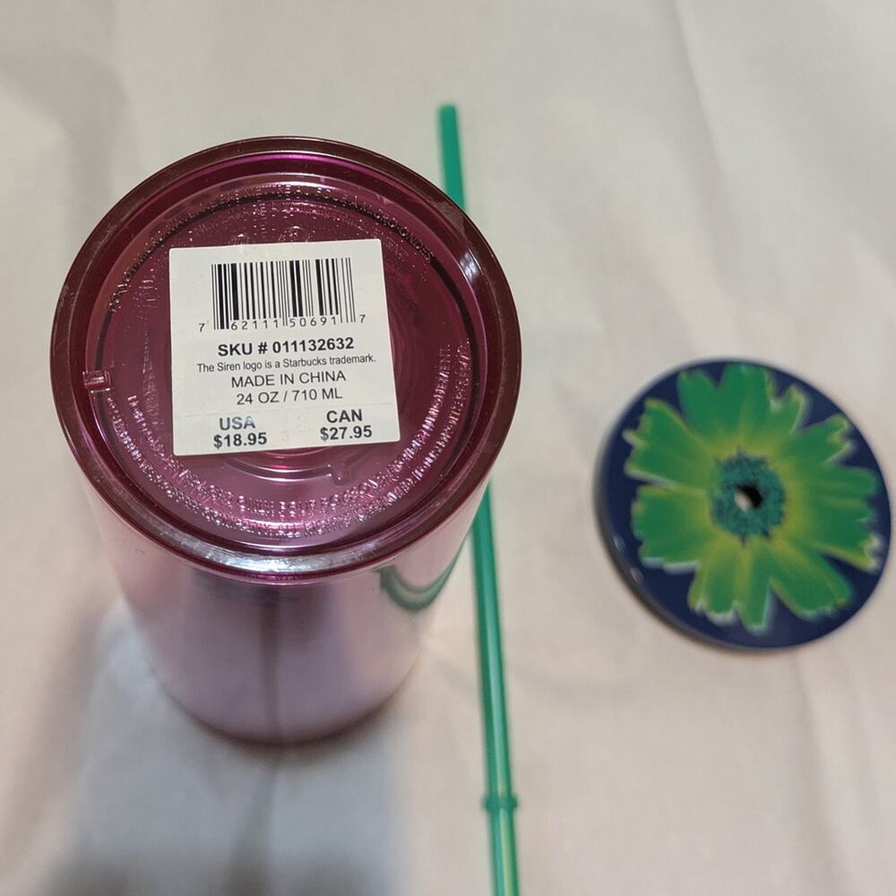 Starbucks Dancing Blooms Pink Floral Tumbler 24oz Blue Lid Green Straw NEW - Picture 4 of 7